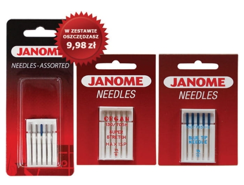 Zestaw igieł Janome do tkanin, dzianin, materiałów syntetycznych (nr 1)