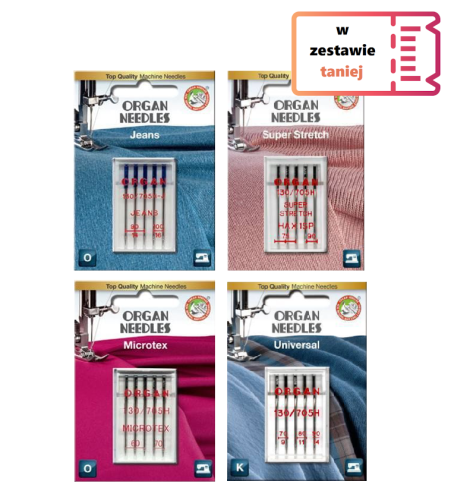 Zestaw igieł do tkanin, dzianin, jeansu, jedwabiu (C)