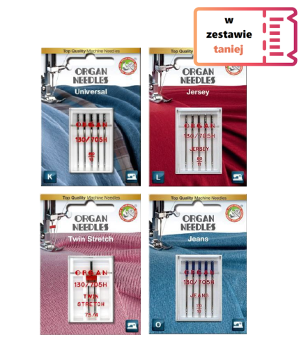 Zestaw igieł do tkanin, dzianin, jeansu + igła podwójna (D)