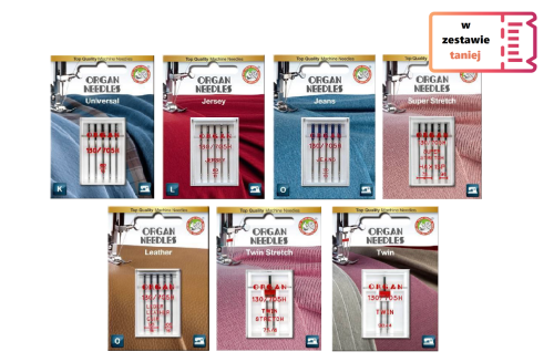 Zestaw igieł do tkanin, dzianin, jeansu, skóry + igły podwójne (E)